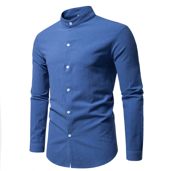Modern men's cotton casual shirt with stand collar design for smart-casual occasions