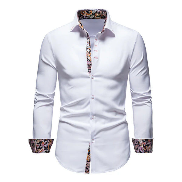 Classic men's white long sleeve polo shirt with stand collar, single-breasted closure, perfect for business casual and all se