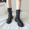 Chic mid-calf motorcycle boots for women, featuring lace-up closure, non-slip outsole, and stylish PU leather design.