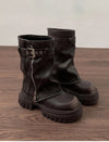 Chic women's mid-calf biker boots with buckle detail, zipper closure, and plush lining for comfort and style in cooler weathe