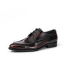 Back view of durable black leather Oxfords with robust rubber outsole.