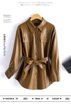 Chic women's sheepskin leather jacket with turn-down collar, lace-up belt, and adjustable waist for a stylish fit.