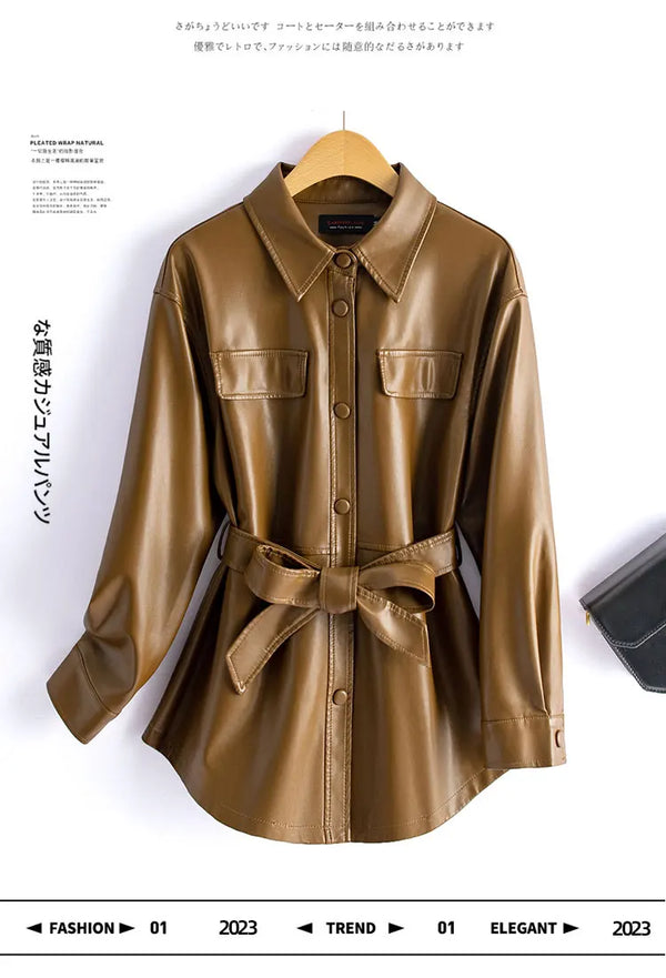 Chic women's sheepskin leather jacket with turn-down collar, lace-up belt, and adjustable waist for a stylish fit.