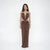 Sophisticated ankle-length dress featuring halter neck, bare back, and side cutouts