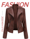 Women's slim fit PU leather motorcycle jacket in black, windproof, durable, perfect for spring and autumn rides.