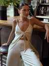 Elegant white satin two-piece outfit perfect for brunch dates and evening events