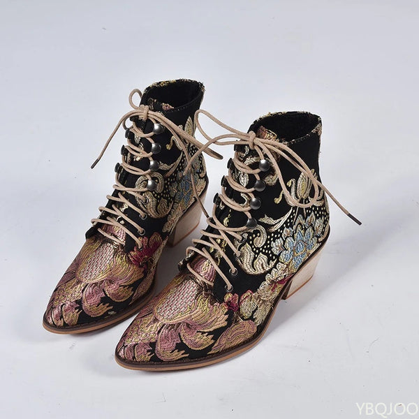 Premium PU ankle boots adorned with golden floral embroidery and soft cloth interior
