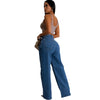 High-waist wide-leg denim jeans for women, featuring elastic waist, pockets, and Y2K streetwear style, perfect for casual wea