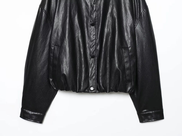 Chic faux leather bomber jacket for women, perfect for autumn layering and stylish casual wear with turtleneck collar.