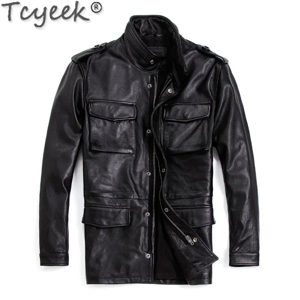Tcyeek genuine leather winter jacket for men in black with zipper closure.