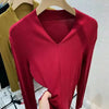 Elegant V-Neck Women's Blouse with Long Sleeves in solid color, perfect for casual and office wear, made from cotton-polyeste