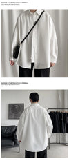 Oversized long sleeve casual shirt for men and women with Mandarin collar, perfect for spring and autumn fashion.