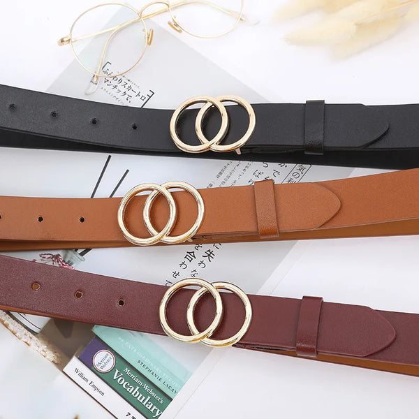Chic double ring PU leather belt for women in classic black, perfect for jeans, dresses, and versatile fashion outfits.