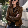 Chic slim-fit biker's leather jacket for women in premium PU leather, perfect for autumn and winter fashion.