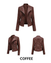 Women's slim fit PU leather motorcycle jacket in black, windproof, stylish, perfect for spring and autumn rides.