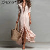 Sunset Stroll Button Shirt Dress with Ruffle High-Low Hem in ankle length polyester fabric