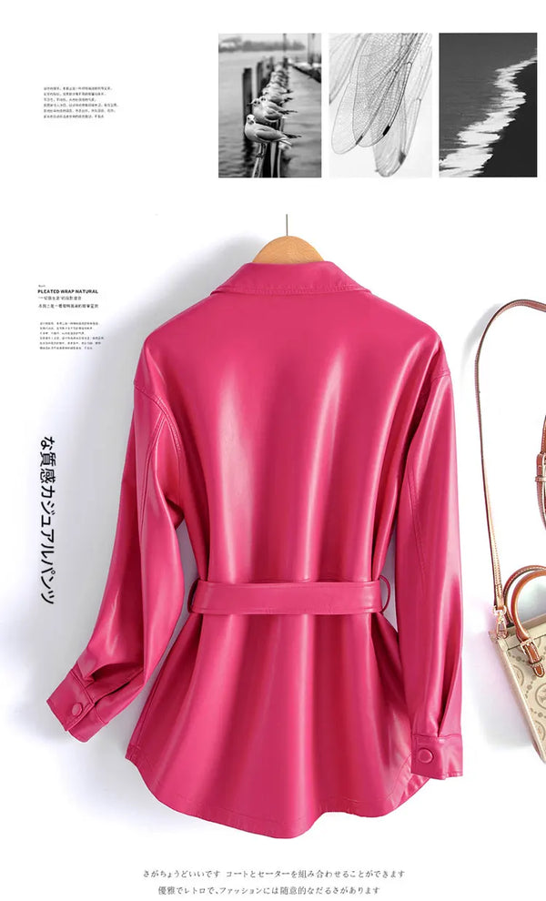 Chic women's sheepskin leather jacket with turn-down collar, lace-up belt, and adjustable waist for a stylish fit.