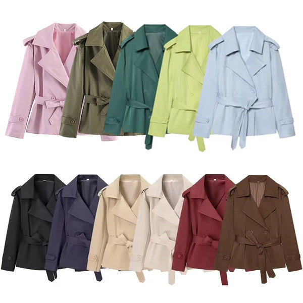 Sophisticated short trench with double-breasted detail and adjustable belt