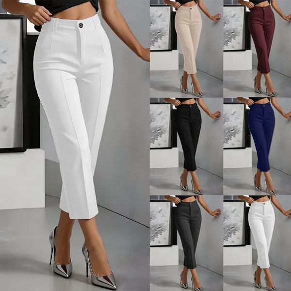 Black high-waist straight leg trousers with functional pockets on white background