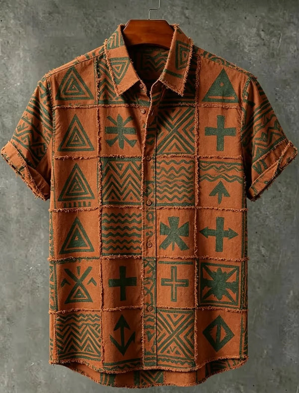 Men's geometric print casual shirt with turn-down collar ideal for warm weather adventures