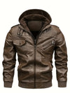 Sleek men's PU leather biker jacket with detachable hood, slim fit, ribbed cuffs, perfect for autumn and winter wear.