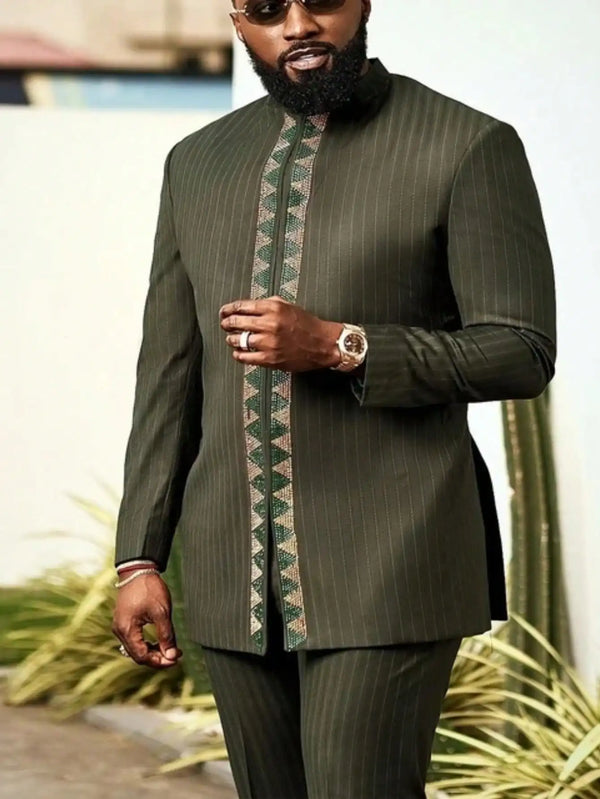 Vibrant African patchwork two-piece in polyester featuring bold geometric and traditional patterns