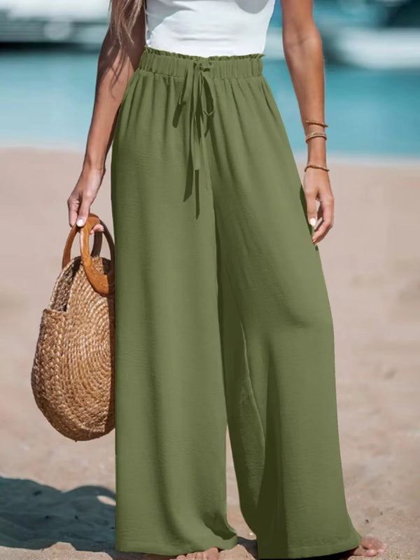 White high waist beach pants with lace-up drawstring and ankle length design