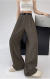 Chic high waist wide leg trousers with stylish belt, perfect for office and casual wear, made from breathable polyester blend