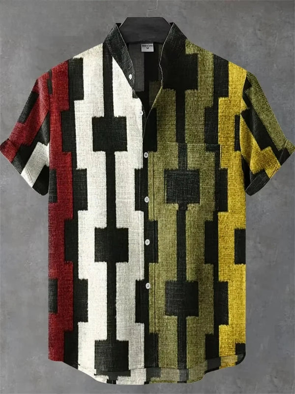 Versatile unisex beach shirt featuring geometric blocks on denim-textured polyester fabric
