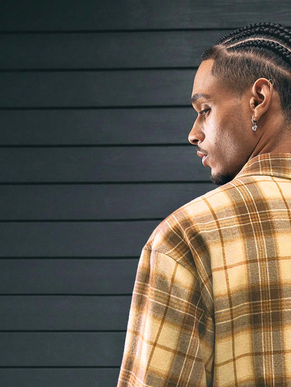 Men's yellow and white checkered button-up shirt with relaxed campus-inspired fit