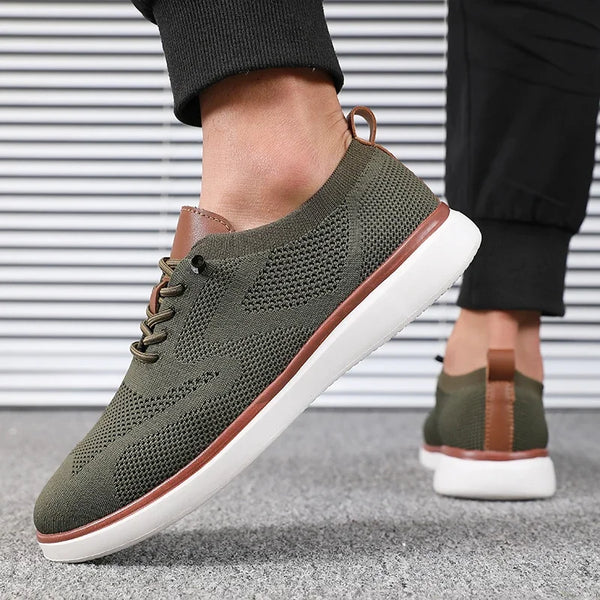 Men's casual walking shoes with knitted air mesh construction and durable rubber sole