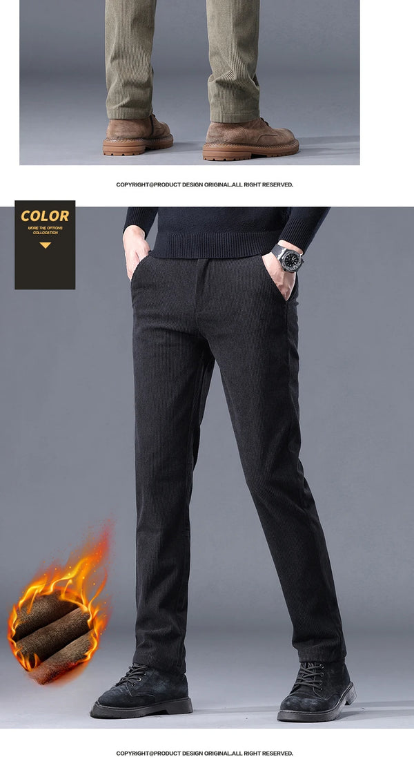 Classic fit corduroy pants with fleece lining for cold weather versatility