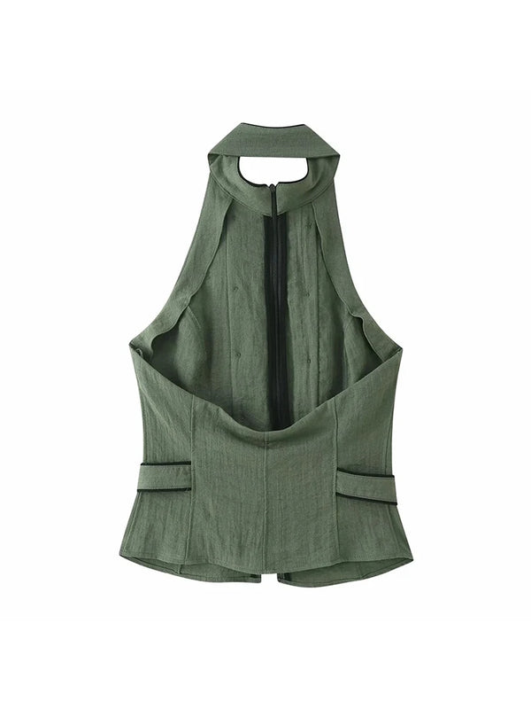 Sophisticated polyester woven halter top with luminous sunset-inspired finish