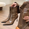 Chic women's ankle boots with zipper, high heel, pointed toe, stylish PU leather for autumn and winter fashion.