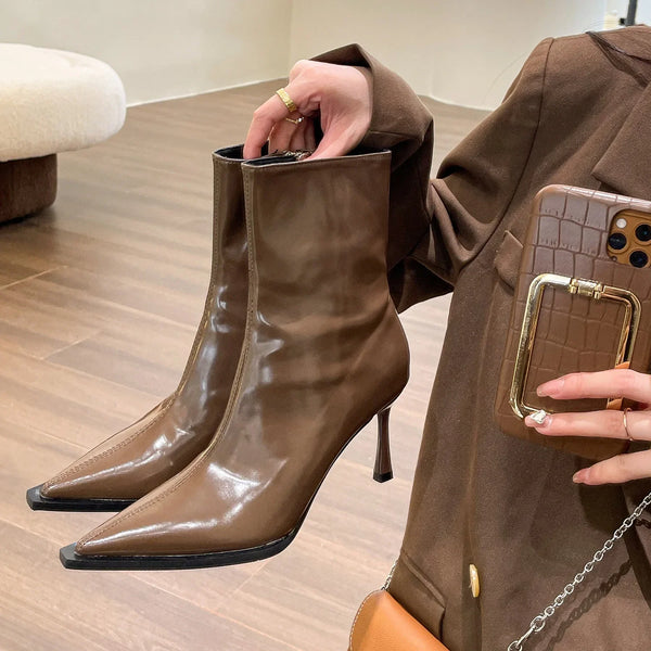Chic women's ankle boots with zipper, high heel, pointed toe, stylish PU leather for autumn and winter fashion.