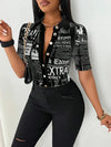 Chic Newspaper Print Blouse with V-neck and short sleeves, perfect for casual or office wear in lightweight polyester.