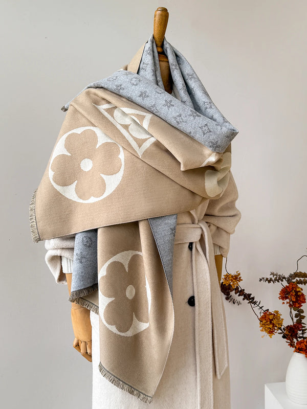 Winter Whispers shawl paired with a winter outfit, enhancing style.