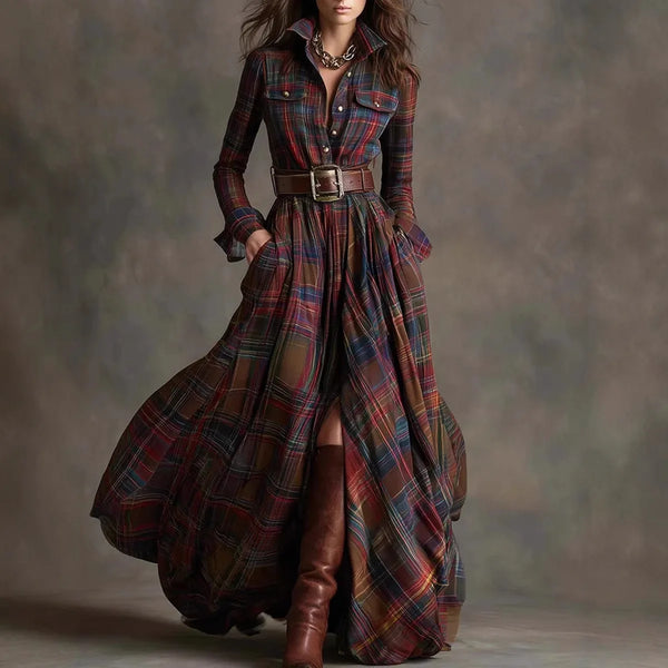 Autumn Whispers Plaid Maxi dress in warm tones with classic plaid pattern and elegant lapel collar.