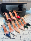 Clear PVC high heels with pointed toe and breathable mesh lining