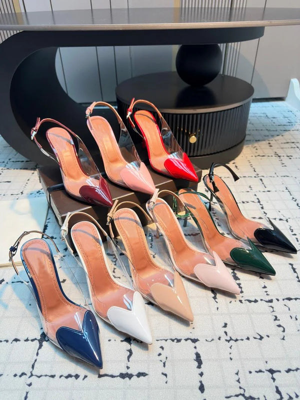 Clear PVC high heels with pointed toe and breathable mesh lining