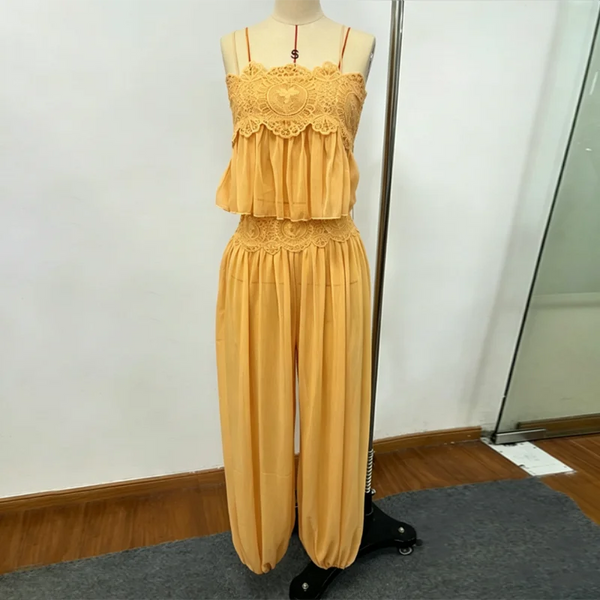 Side view of wide-leg trousers with lace top ensemble