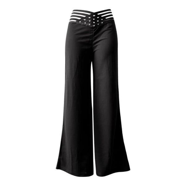 Elegant high-waist flared trousers for women with sheer mesh patch, perfect for stylish office and casual wear.