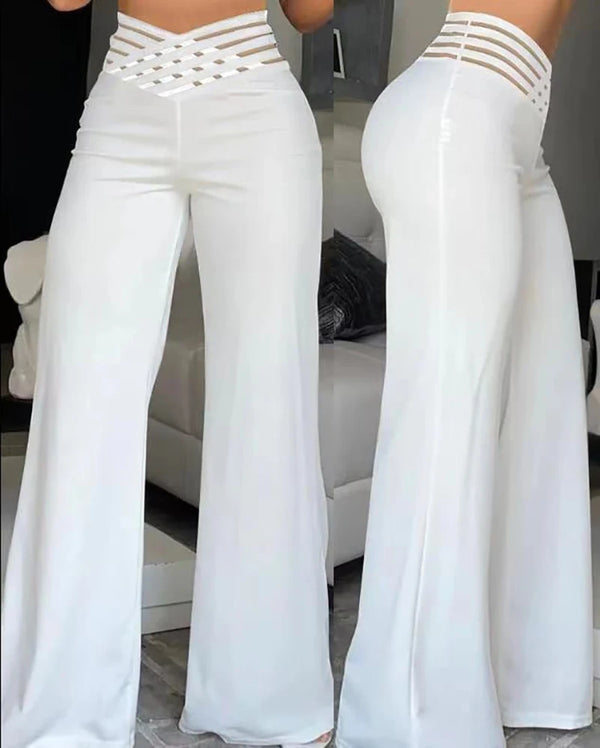 Elegant high-waist flared trousers for women with crisscross sheer mesh patch, perfect for stylish office wear and casual out