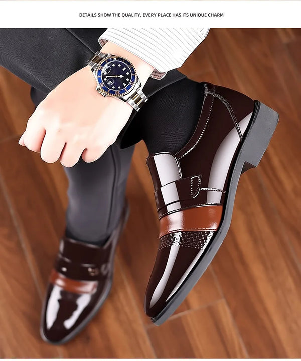 Detailed view of brogue design on brown leather Oxford shoes.