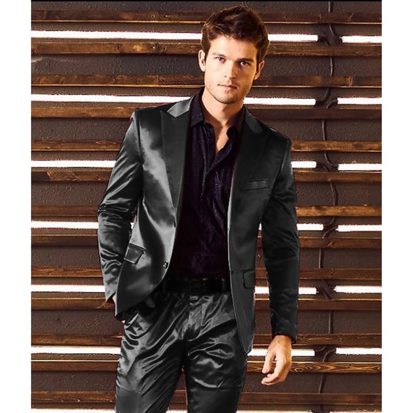 Elegant men's satin suit in olive green, perfect for unique formal occasions.
