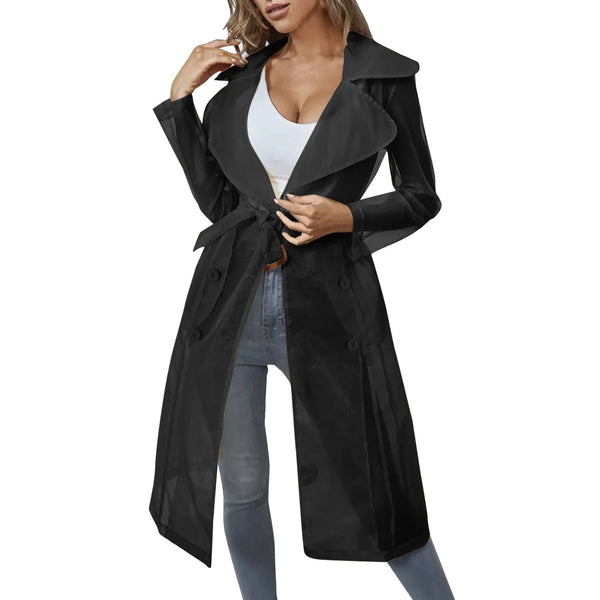 Sheer polyester trench coat with artisanal tatting details and classic silhouette