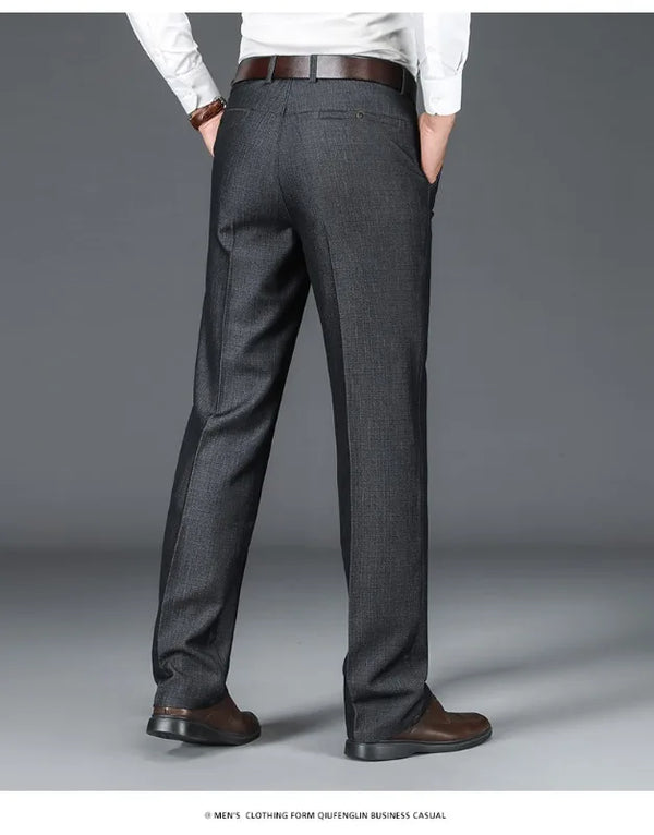 Close-up of straight leg hem on wrinkle-resistant men's trousers