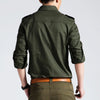 Slim fit military shirt for men in army green, long sleeve, cotton-polyester blend, perfect for casual and business wear.