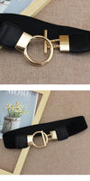 Chic elastic waist belt with round metal buckle, perfect for women’s casual and formal outfits, made of PU leather.