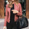 Chic slim fit faux leather moto jacket for women, perfect for autumn and winter, featuring a sleek zipper closure.